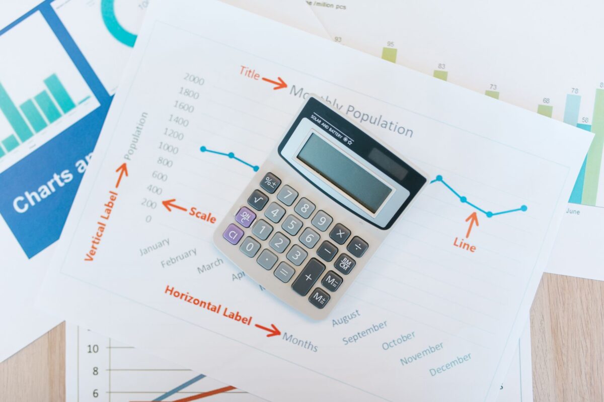 Calculator placed on financial graphs and reports showcasing data analysis and business do